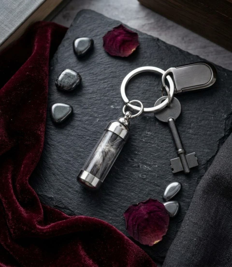 Stainless steel capsule keychain with a strong perspex vial holding grey and white fur, on a ring with a key