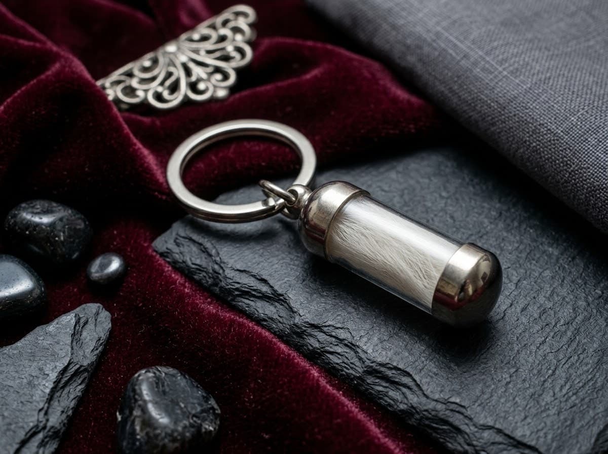 Stainless steel capsule keychain with a strong perspex vial holding white fur
