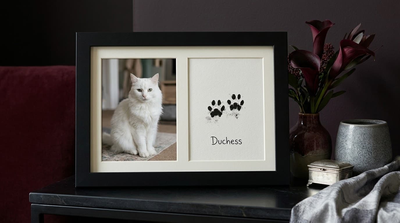 Double frame with a photo of Duchess the white cat beside two paw prints