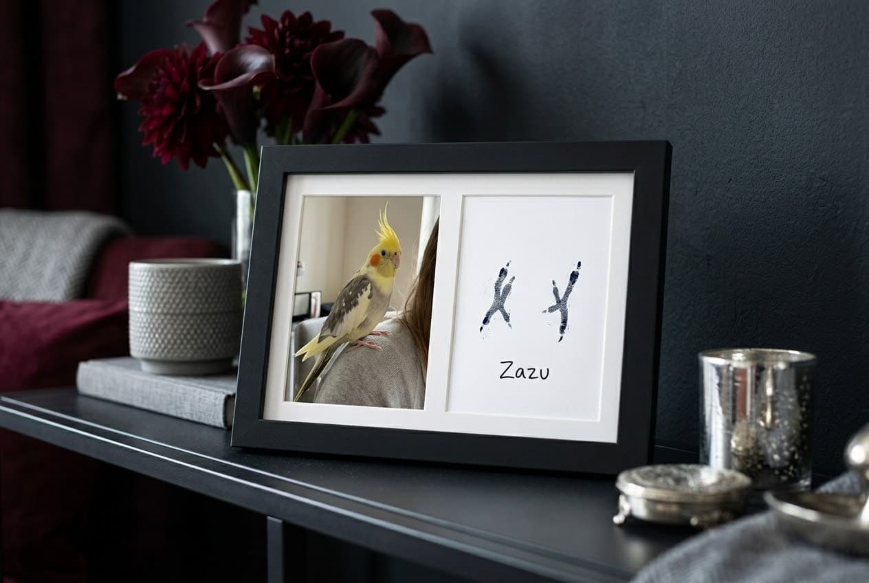 Double frame with a photo of Zazu the cockatiel beside two footprints