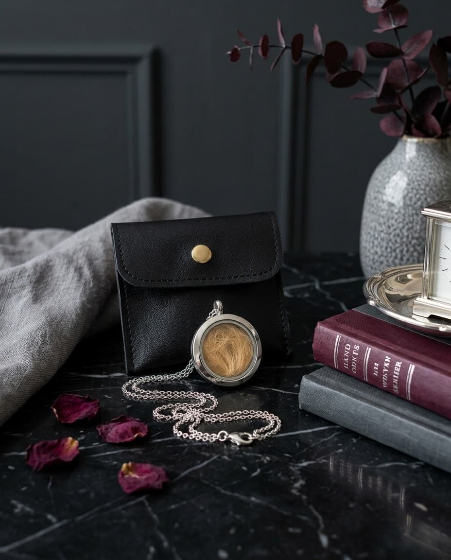 Glass locket necklace holding golden fur, resting in front of a black vegan leather pouch
